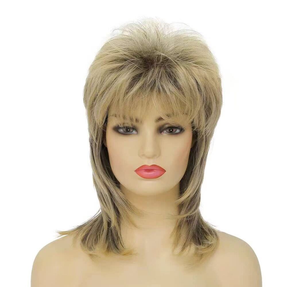 Blonde Mullet Wig for Women, Short Shaggy Layered Hair Dark Roots Costume